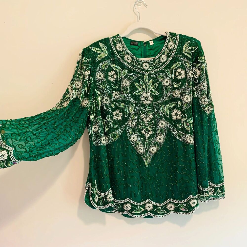 Vintage‎ 100% Pure Silk Hand Beaded Sequin Floral Emerald Blouse Top India 20 1X